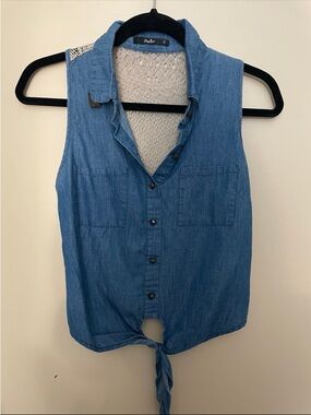 Blue Sleeveless Tie-Front Shirt